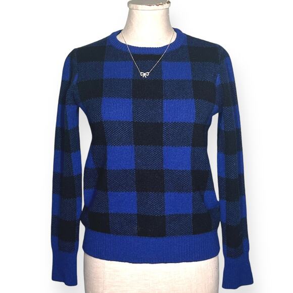 EQUIPMENT 100% Wool Sweater Check Plaid Preppy Varsity Ivy League Blue Black - Picture 2 of 12
